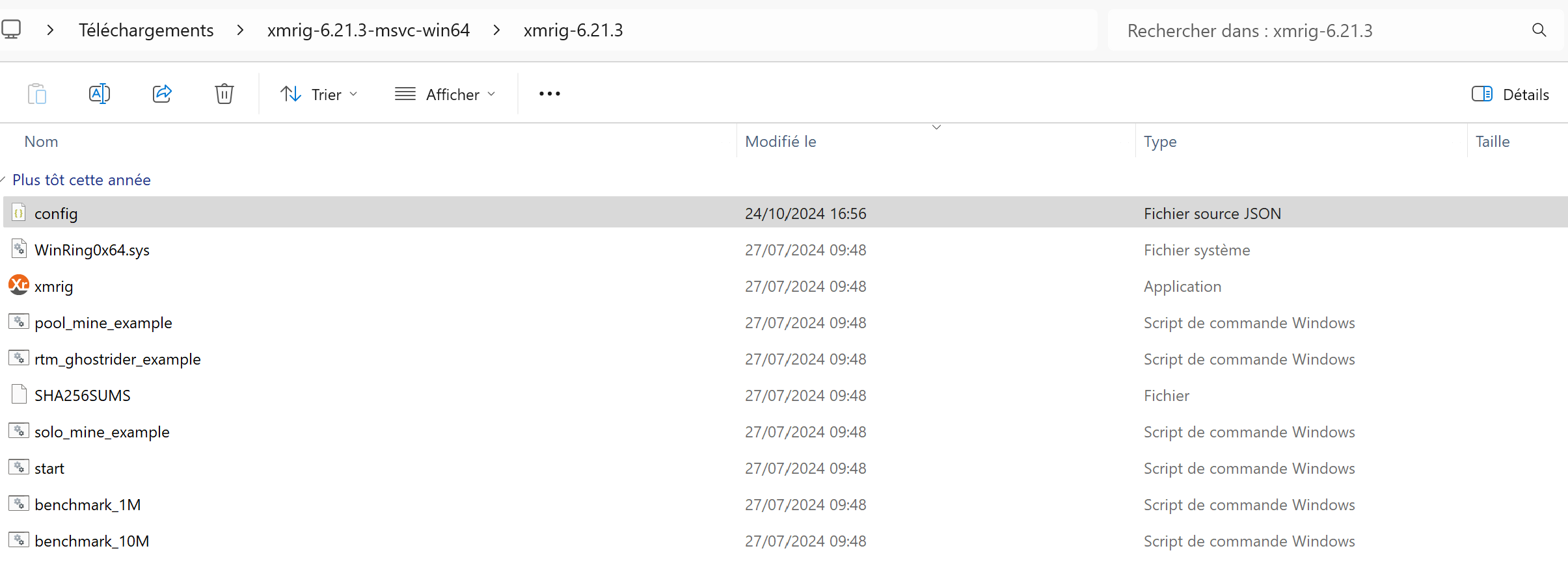 XMRIG extracted files showing config.json