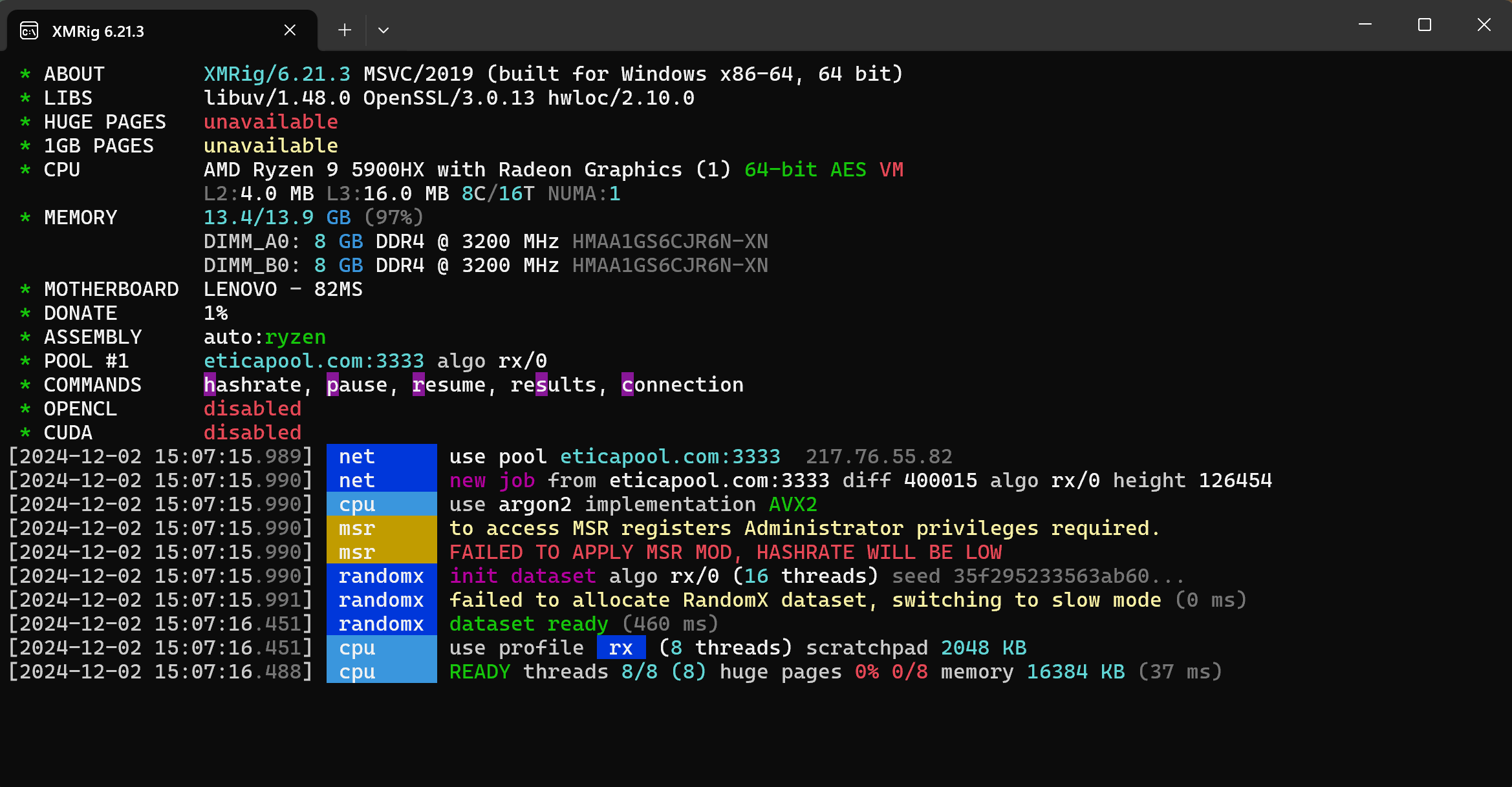 XMRIG mining console showing active mining status